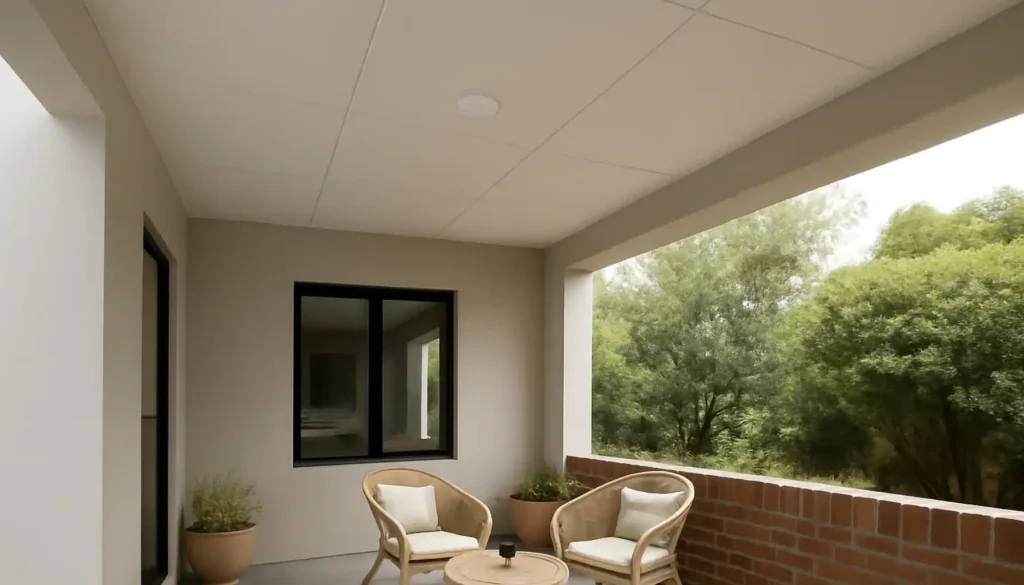 Teras rumah semi-outdoor dengan plafon GRC tahan cuaca