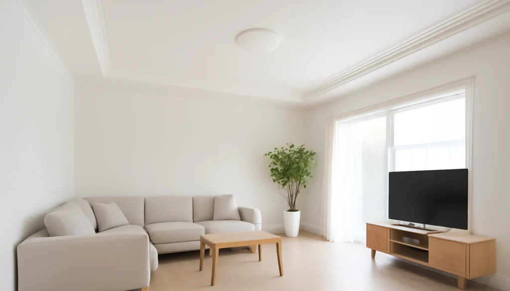 Plafon gypsum simpel di ruang tamu dengan sofa dan jendela besar