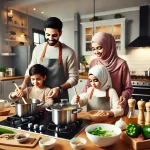 Keluarga Bahagia sedang memasak bersama di Kitchen Set Baru yang sudah menggunakan Keramik Lantai Dapur Tidak Licin