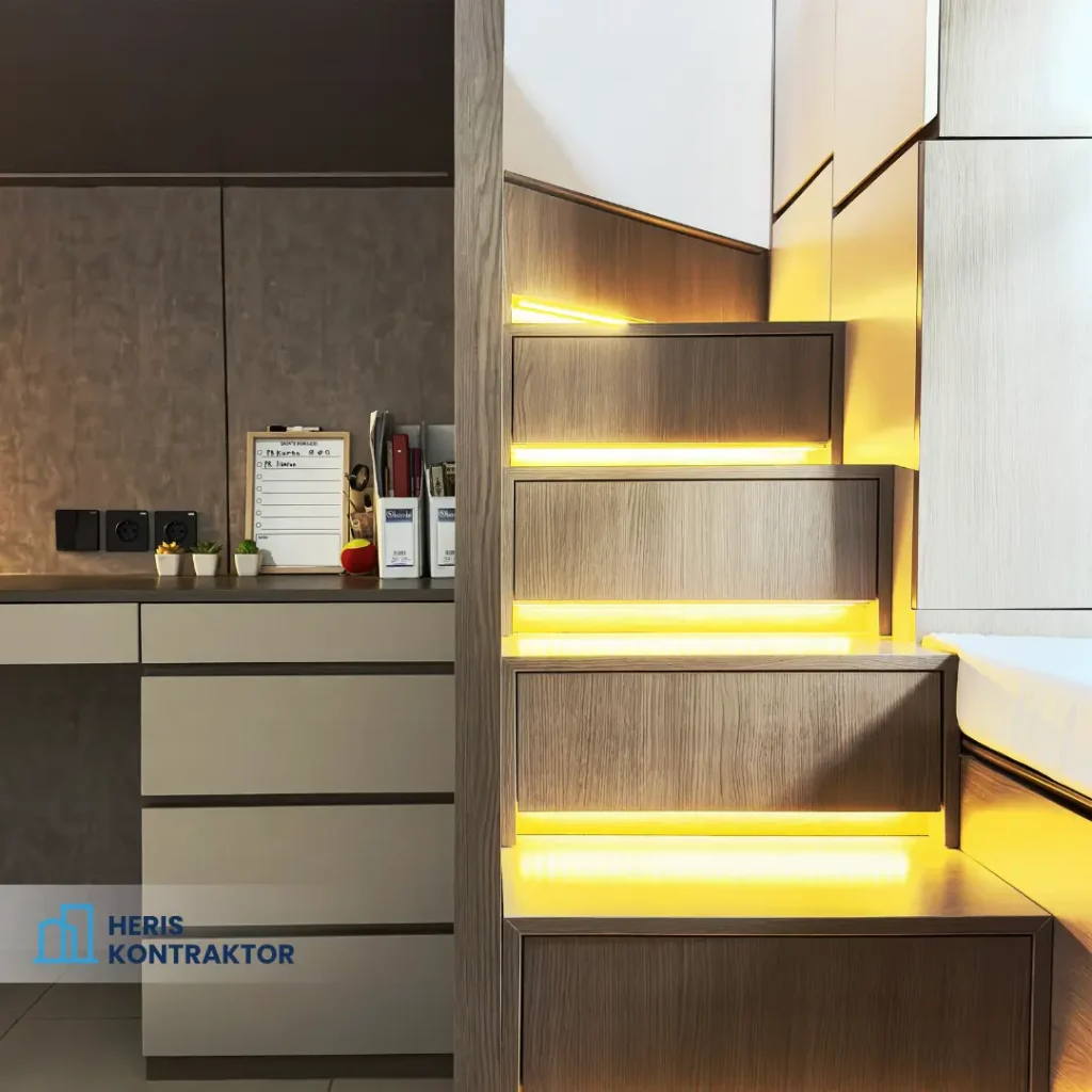 View tangga laci bunk bed dengan LED