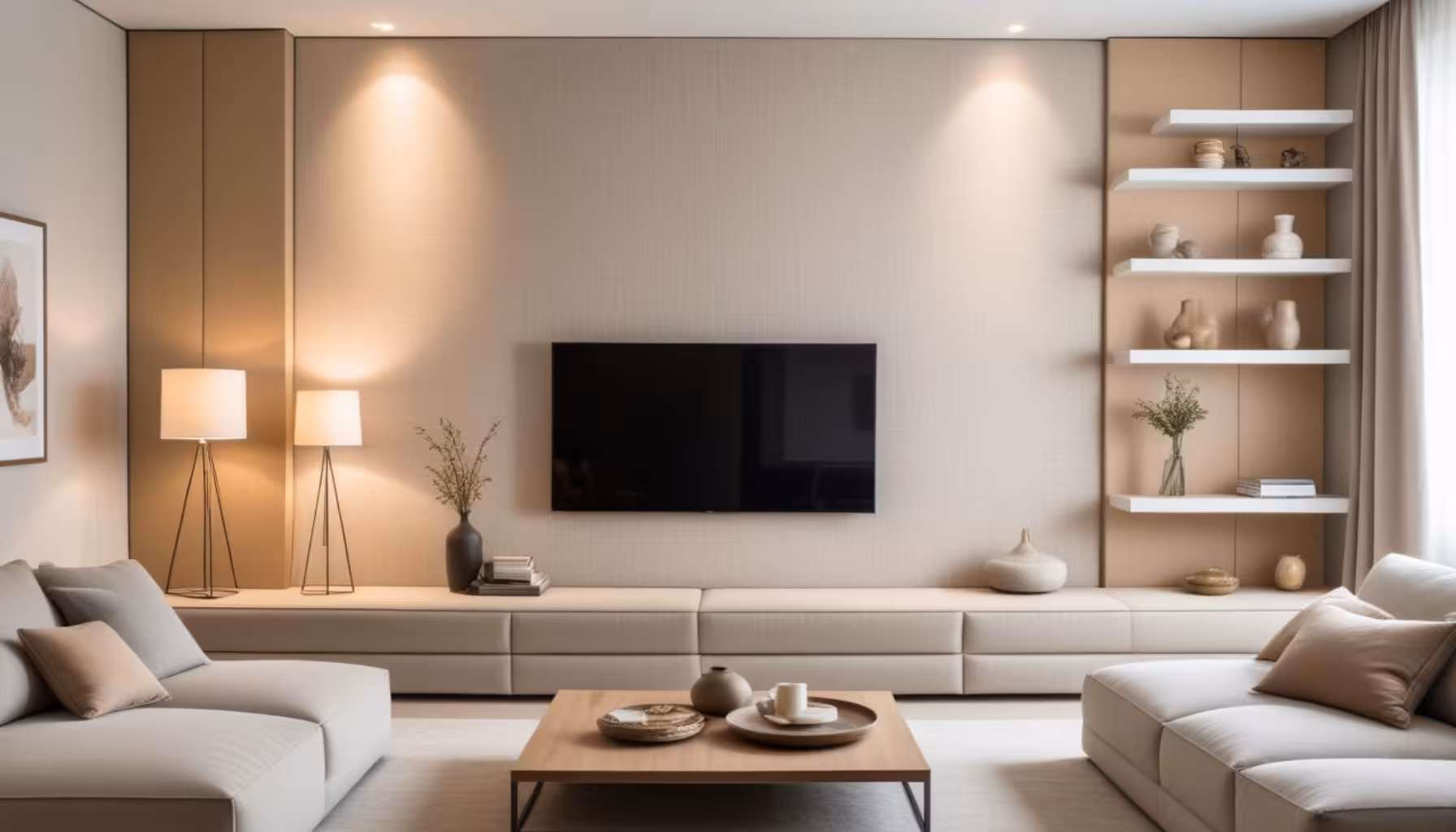 Backdrop TV dengan Material Kain dan Panel Terbuka