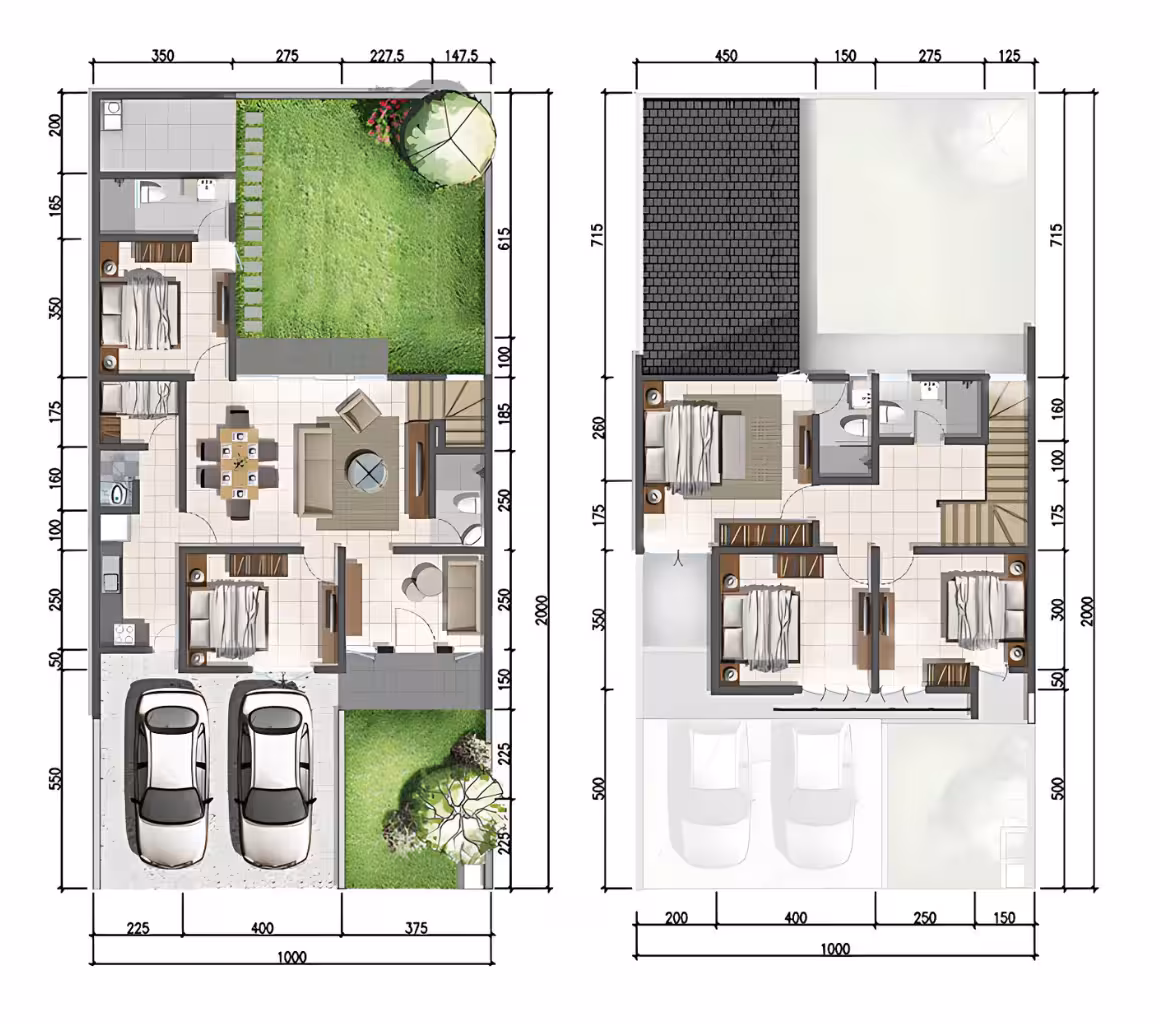 Desain Rumah 2 Lantai dan Biaya Pembangunannya 10 Denah desain rumah dua lantai minimalis modern elegan yang menampilkan tata ruang fungsional dan nyaman. Lantai pertama mencakup ruang tamu, ruang makan, dapur, dua kamar tidur, kamar mandi, area taman belakang yang luas dan carport yang cukup untuk dua mobil. Lantai kedua terdiri dari tiga kamar tidur utama, kamar mandi, dan ruang keluarga kecil yang nyaman. Denah ini dilengkapi detail ukuran setiap area untuk memudahkan proses perencanaan pembangunan rumah.
