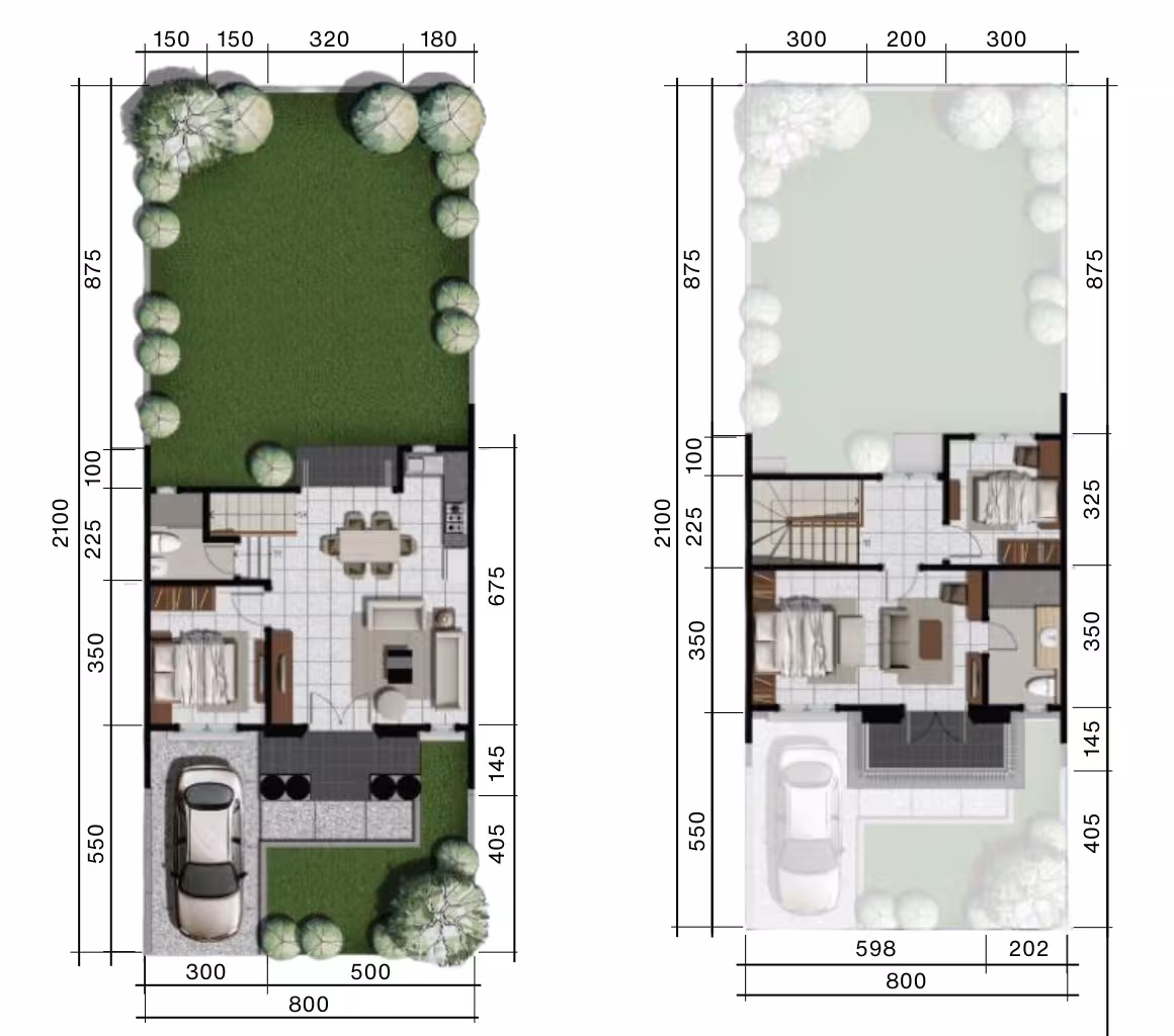 Desain Rumah 2 Lantai dan Biaya Pembangunannya 4 Denah desain rumah dua lantai bergaya American klasik dengan pembagian ruang yang fungsional dan proporsional. Lantai pertama mencakup ruang tamu, ruang makan, dapur, kamar tidur, kamar mandi, carport, dan taman yang luas di bagian depan dan belakang. Lantai kedua mencakup dua kamar tidur utama, ruang keluarga, kamar mandi, dan akses tangga. Setiap ruang dilengkapi dengan ukuran yang terperinci, memudahkan dalam perencanaan pembangunan.