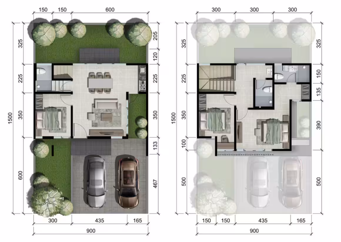 Desain Rumah 2 Lantai dan Biaya Pembangunannya 6 Denah desain rumah dua lantai minimalis tropis dengan tata ruang yang efisien dan nyaman. Lantai pertama mencakup ruang tamu, ruang makan, dapur, kamar tidur, kamar mandi, serta area carport yang dapat menampung dua mobil dan taman di depan serta samping rumah. Lantai kedua mencakup dua kamar tidur utama, kamar mandi, dan area sirkulasi. Denah dilengkapi dengan detail ukuran ruang untuk mempermudah perencanaan pembangunan, dengan suasana tropis yang didukung area terbuka hijau di sekitar rumah.
