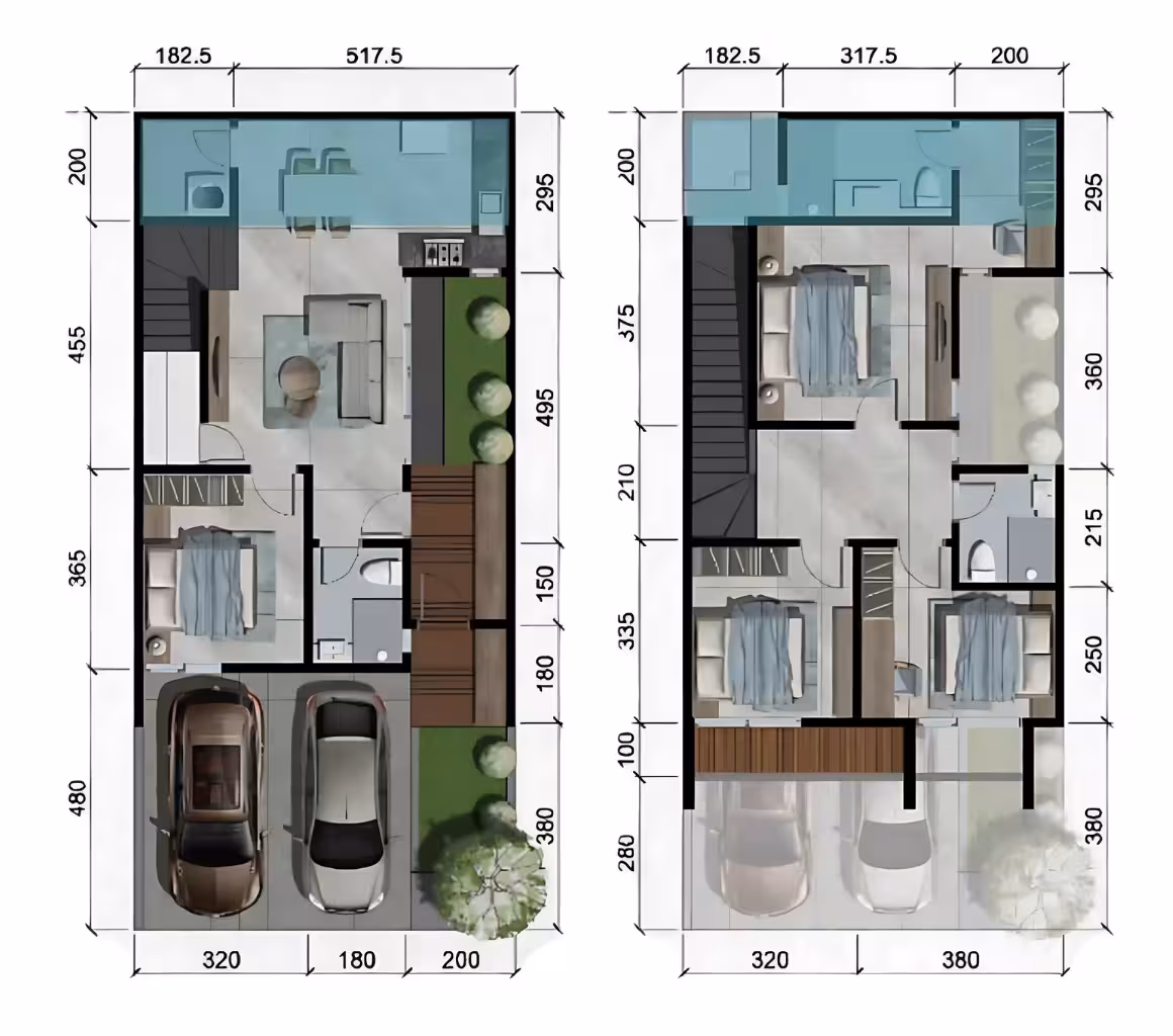 Desain Rumah 2 Lantai dan Biaya Pembangunannya 8 Denah rumah kontemporer dua lantai dengan rancangan modern dan fungsional. Lantai pertama mencakup area carport untuk dua mobil, ruang tamu, ruang makan, dapur, kamar tidur, kamar mandi, dan taman kecil di bagian samping. Lantai kedua terdiri dari tiga kamar tidur, kamar mandi, dan area sirkulasi yang menghubungkan ruang-ruang. Denah ini dilengkapi dengan ukuran detail pada setiap ruang, mempermudah dalam perencanaan tata letak rumah.