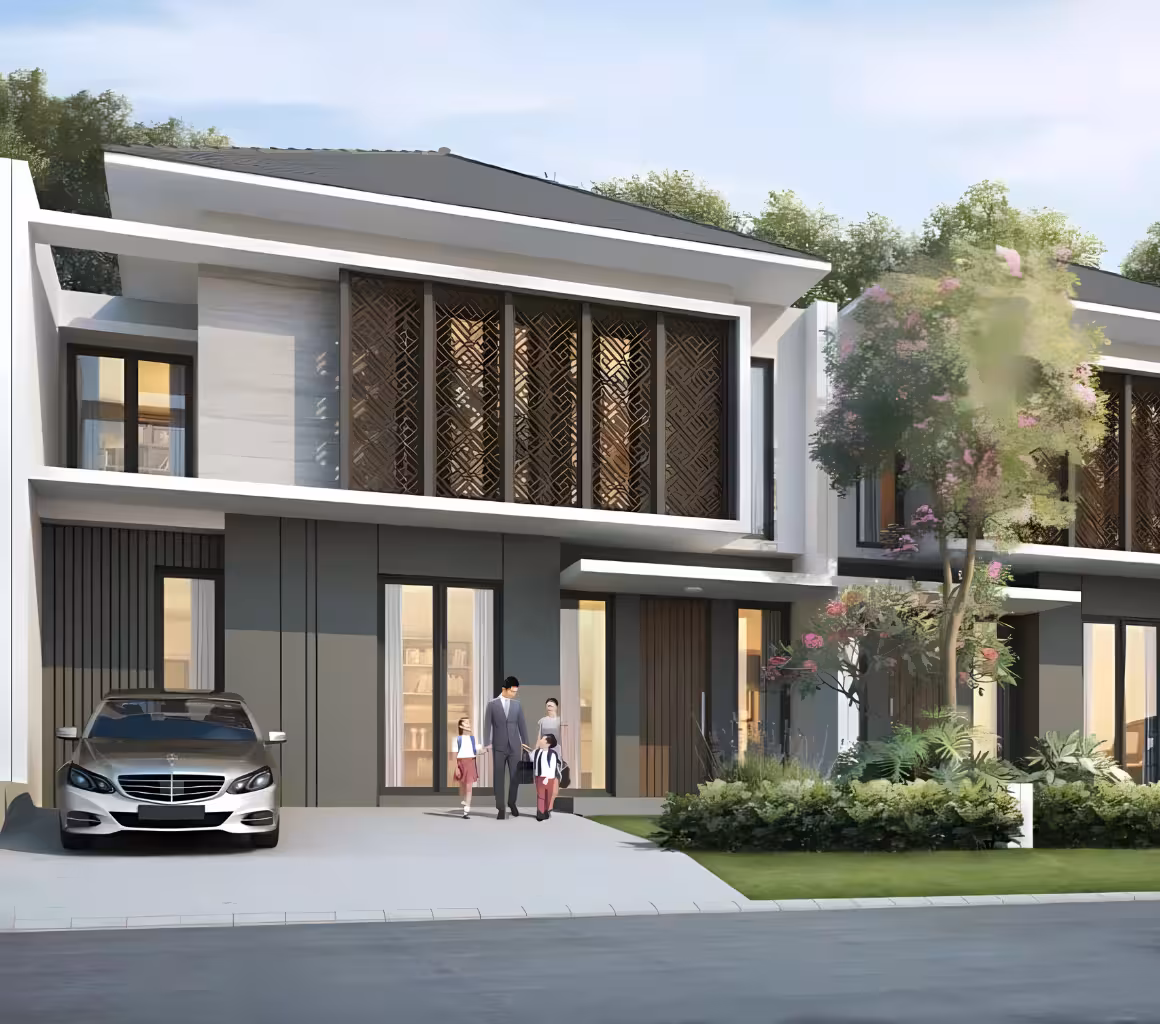 Desain Rumah 2 Lantai dan Biaya Pembangunannya 9 Desain rumah dua lantai bergaya minimalis modern elegan dengan fasad yang menampilkan kombinasi kaca besar, panel dekoratif bermotif, dan warna netral yang mewah. Halaman depan dilengkapi taman hijau yang tertata rapi, pepohonan kecil, dan carport dengan mobil terparkir. Seorang ayah terlihat berjalan santai bersama dua anaknya di area depan rumah, menciptakan suasana hangat dan nyaman di lingkungan modern yang asri.