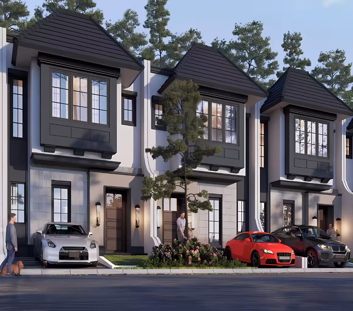 Desain Rumah 2 Lantai dan Biaya Pembangunannya 1 Desain rumah dua lantai minimalis klasik dengan atap dark gray, jendela-jendela besar, dan dinding putih dengan aksen hitam yang elegan. Di bagian depan rumah terdapat mobil-mobil parkir, termasuk mobil perak di sisi kiri, mobil merah di tengah, dan SUV hitam di sisi kanan. Halaman depan dilengkapi taman bergaya sederhana dengan rumput hijau, tanaman hias, dan pohon kecil. Beberapa orang terlihat beraktivitas di sekitar rumah dengan latar langit biru cerah.