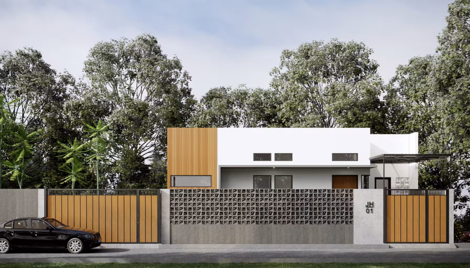 Rumah minimalis satu lantai dengan fasad yang menggabungkan dinding putih bersih, pagar beton berpola geometris, dan aksen kayu vertikal pada pintu dan pagar gerbang. Elemen desain modern ini dilengkapi dengan taman kecil di depan dan lingkungan hijau yang rimbun di sekitarnya, menciptakan suasana asri dan kontemporer.