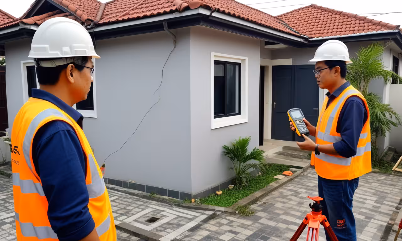 Dua tenaga profesional kontraktor mengenakan helm keselamatan putih dan rompi keselamatan oranye sedang melakukan pengukuran di depan rumah modern. Satu orang memegang alat pengukur digital sementara rekannya memperhatikan. Rumah bergaya kontemporer dengan dinding abu-abu dan atap genteng terakota, dilengkapi jendela berframe putih dan pintu hitam. Terdapat tripod pengukur di area halaman yang tertata rapi dengan paving block dan tanaman hias. Gambar menunjukkan proses survei profesional untuk pengukuran luas bangunan.