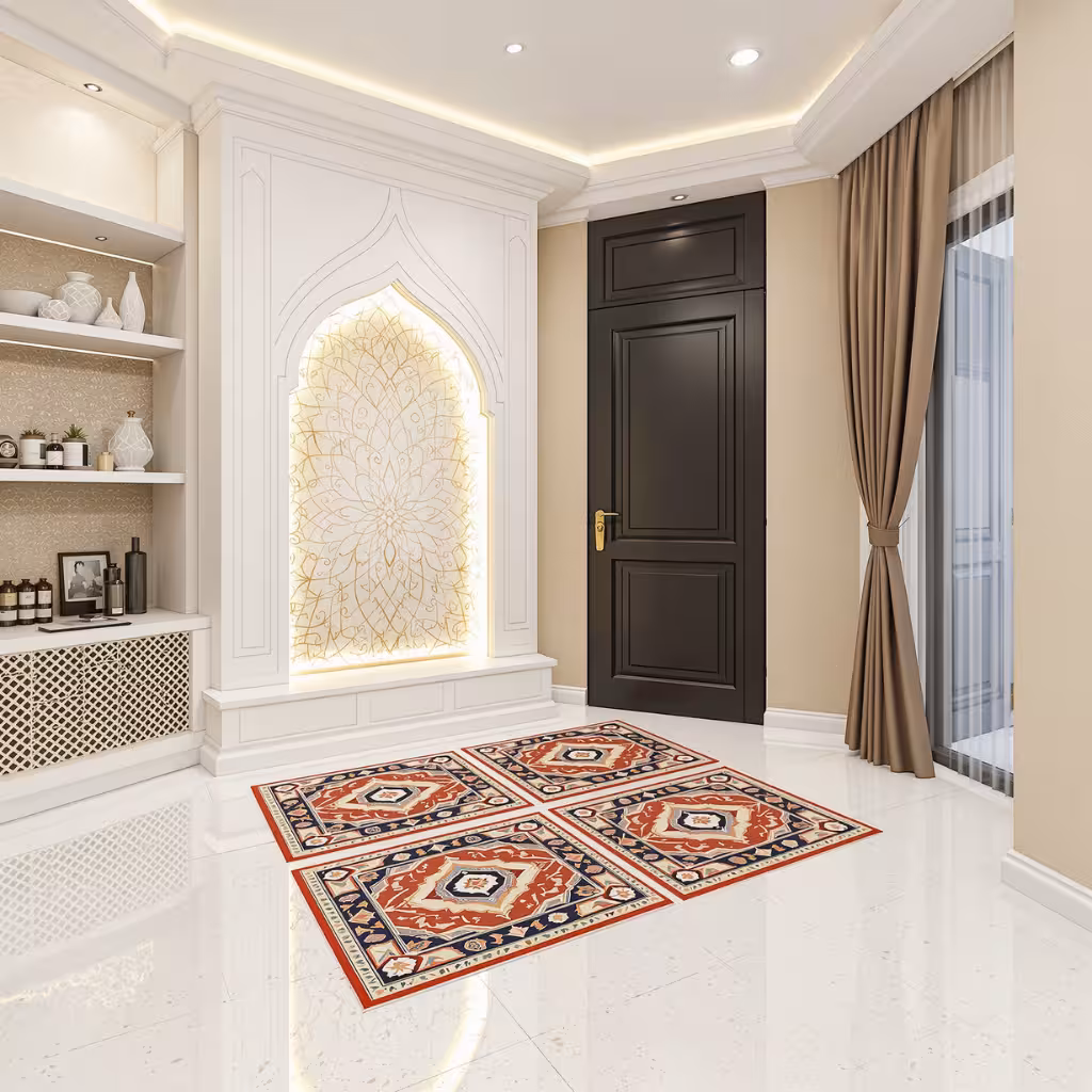 15 Inspirasi Desain Mushola di Rumah Minimalis 7 Mushola rumah minimalis dengan mihrab putih berornamen geometris berwarna emas, dilengkapi dengan lantai marmer putih dan karpet bermotif merah klasik.