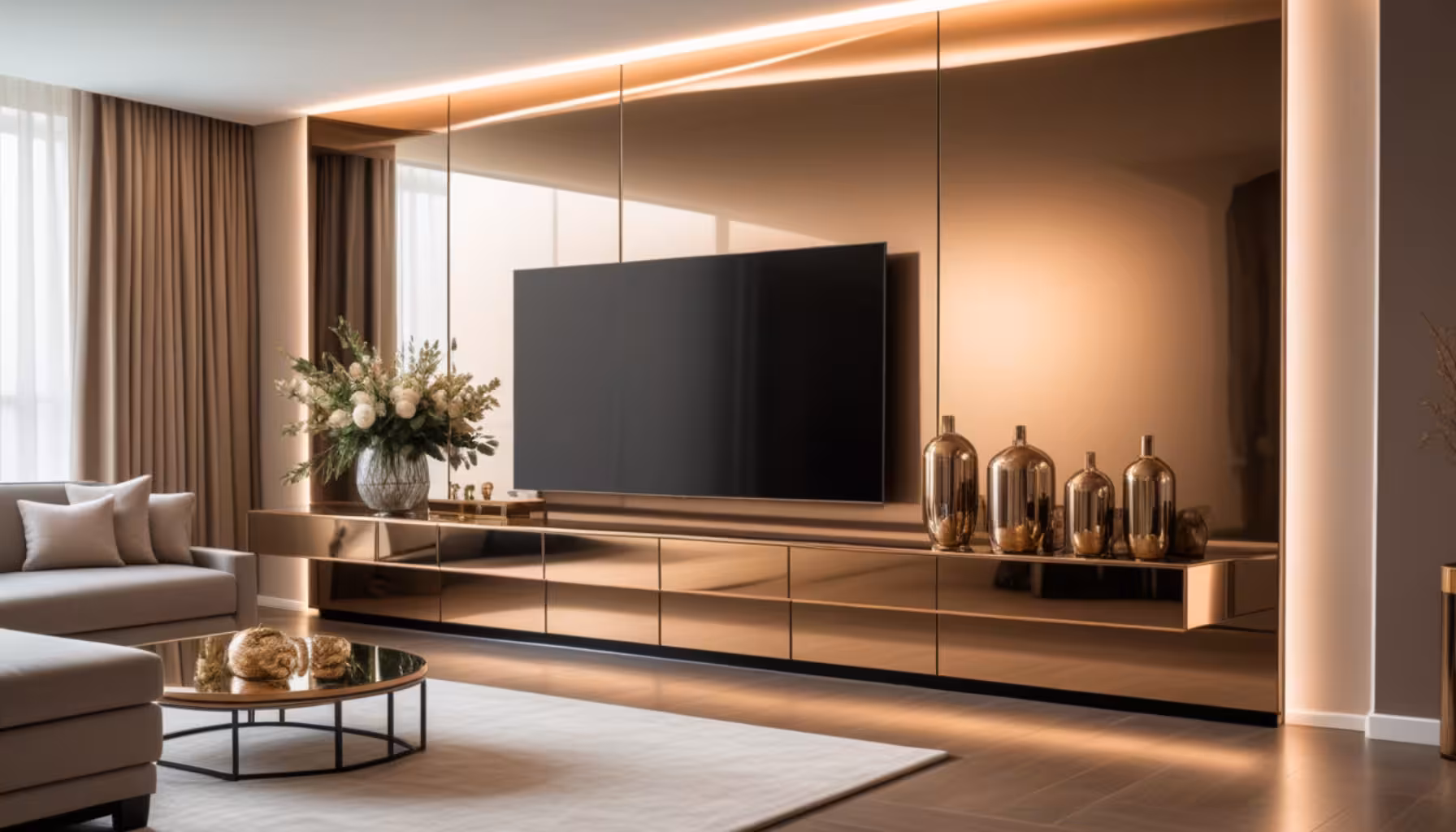 Panel Backdrop TV dengan Efek Cermin