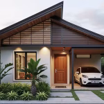 Gambar rumah tipe 45 satu lantai dengan desain minimalis, memiliki carport, pintu kayu, jendela besar, dan taman hijau di depan rumah, cocok untuk wilayah perkotaan.