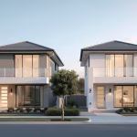 Gambar rumah tipe 54 modern bertingkat dengan desain minimalis, fasad warna netral, jendela besar, balkon terbuka, dan taman kecil di depan, berlatar lingkungan perkotaan.