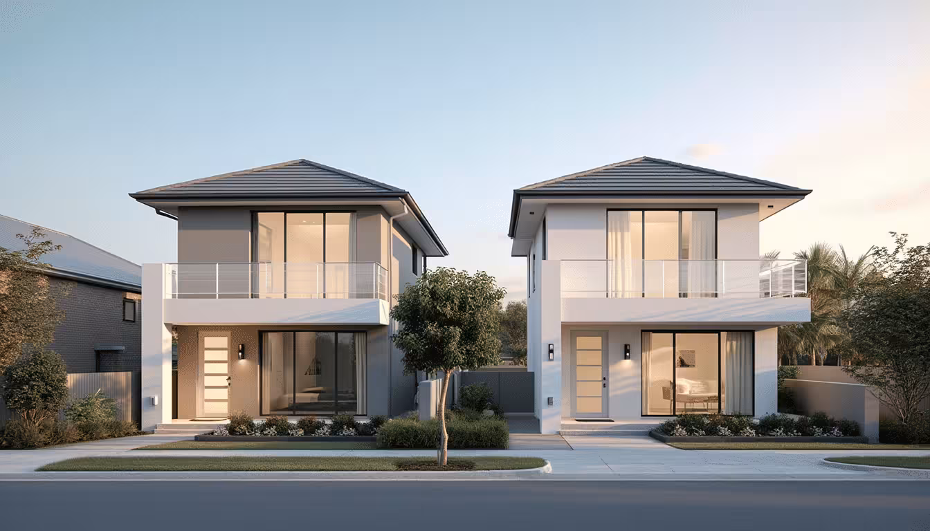 Gambar rumah tipe 54 modern bertingkat dengan desain minimalis, fasad warna netral, jendela besar, balkon terbuka, dan taman kecil di depan, berlatar lingkungan perkotaan.