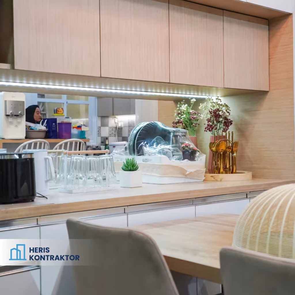 Dapur dengan peralatan rapi, tanaman kecil, dan pencahayaan LED, menampilkan suasana minimalis dan fungsional.