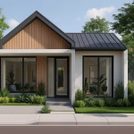 Tampak depan rumah minimalis tipe 36 satu lantai, fasad modern dengan taman kecil dan jendela besar, suasana terang dan rapi.