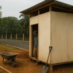 Pekerja berdiri di depan bedeng kerja sederhana di area proyek pembangunan rumah