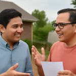 Tetangga berdiskusi sambil menunjukkan surat izin sebelum memulai pembangunan rumah.
