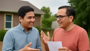 Tetangga berdiskusi sambil menunjukkan surat izin sebelum memulai pembangunan rumah.
