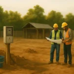 Pekerja proyek memeriksa gambar kerja dengan tandon air dan meteran listrik di lokasi pembangunan
