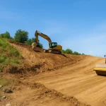 Ekskavator dan pemadat tanah bekerja di lahan miring saat pematangan lahan