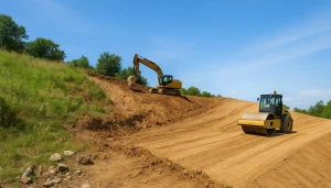 Ekskavator dan pemadat tanah bekerja di lahan miring saat pematangan lahan