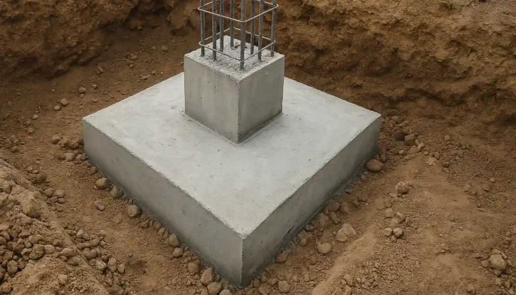 Pondasi tapak beton bertulang berbentuk persegi di tanah galian proyek konstruksi rumah.