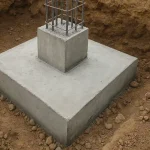 Pondasi tapak beton bertulang berbentuk persegi di tanah galian proyek konstruksi rumah.
