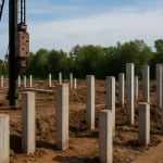 Deretan tiang pancang beton di area proyek dengan alat pancang kuning dan tanah galian.