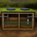 Ilustrasi septic tank dengan dua ruang, lapisan limbah, serta pipa masuk dan keluar.