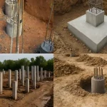 Kolase foto pondasi tapak, tiang pancang, bore pile, dan strauss pile di proyek pembangunan rumah
