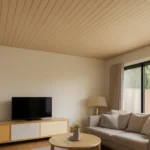Ruang tamu modern dengan plafon PVC bermotif kayu