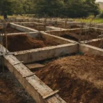 Sloof pondasi yang berada di atas batu kali, dikelilingi tanah pada lokasi pembangunan.