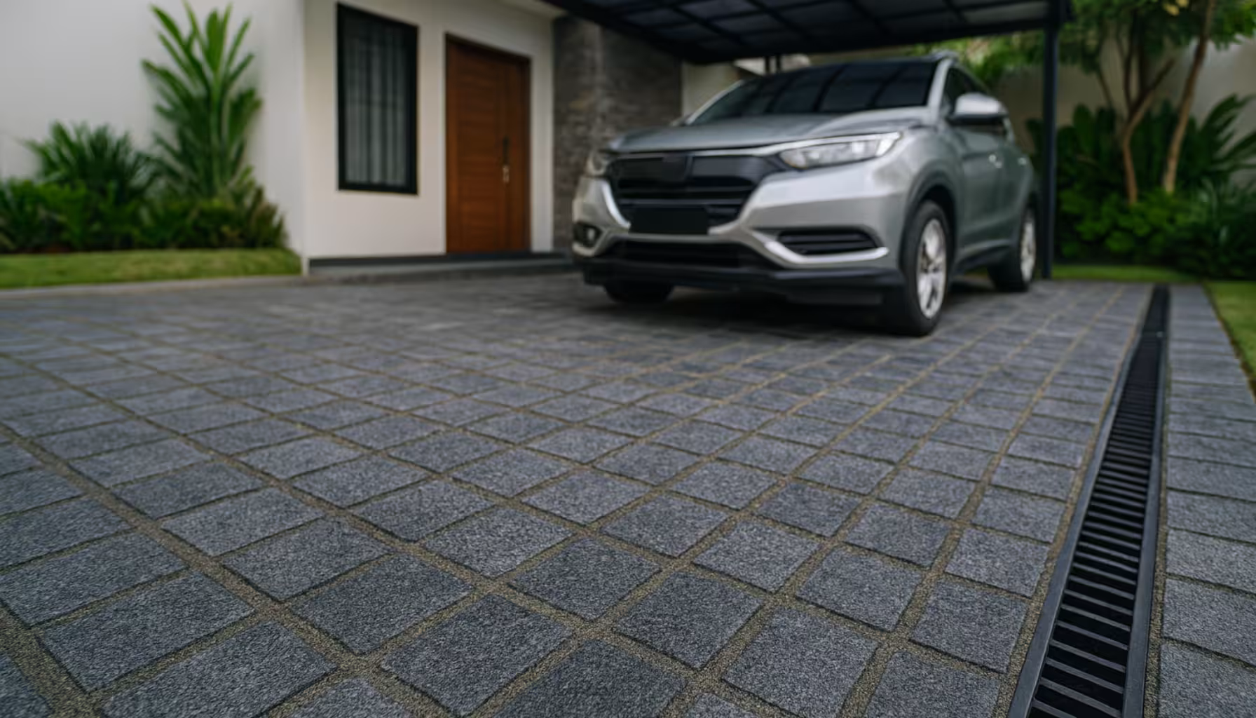 Carport batu andesit 15×15 gelap, tekstur bakar, drainase sisi kanan.
