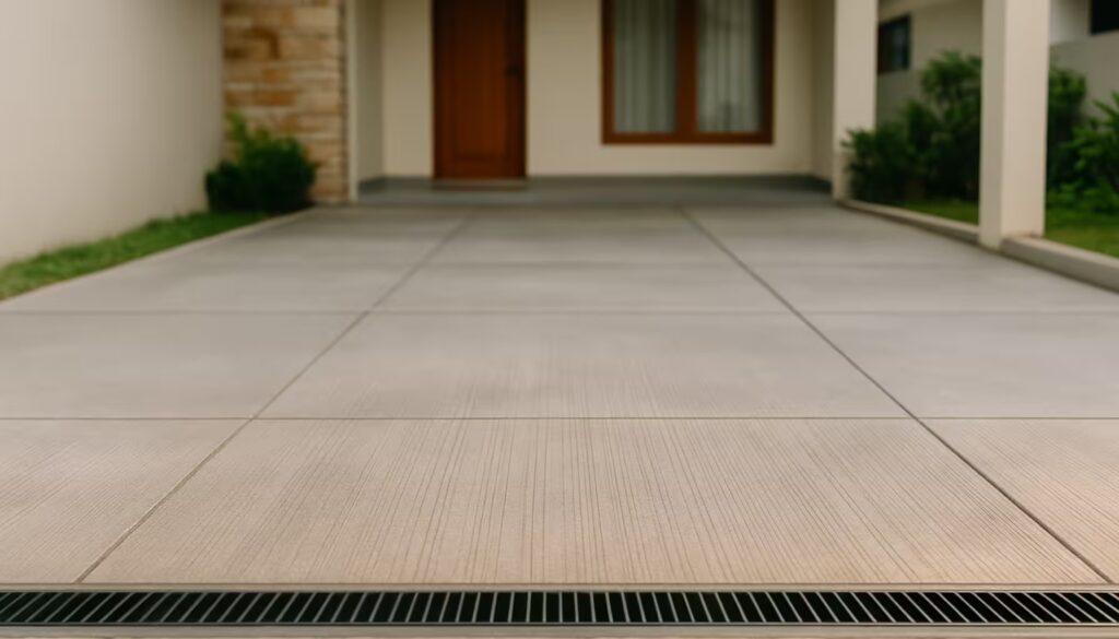 6 Rekomendasi Material Lantai Carport & Cara Merawatnya 8 Beton Cor Ekspos Finishing Sikat Garis