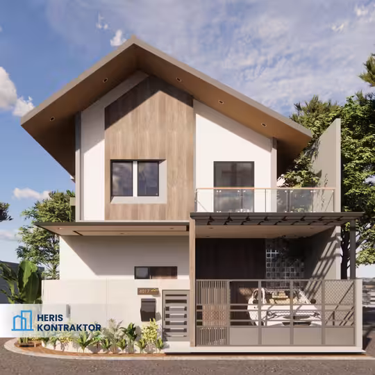 Tampak depan rumah 2 lantai minimalis modern dengan atap miring