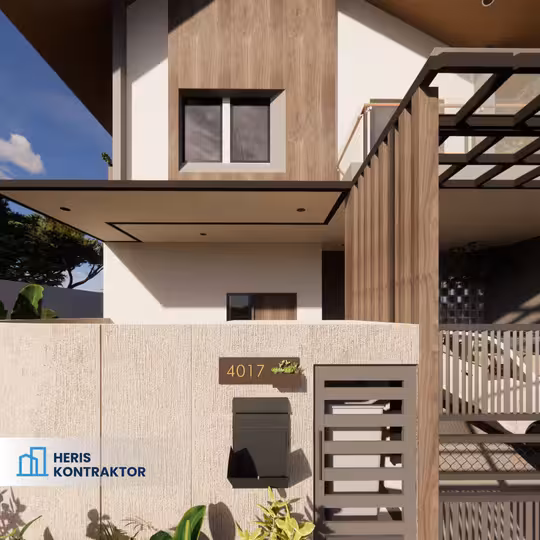 Gerbang rumah minimalis modern dengan pagar besi dan pintu untuk tempat sampah