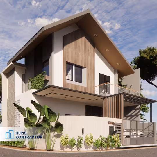 Rumah minimalis modern 2 lantai dengan balkon kaca dan carport beratap datar