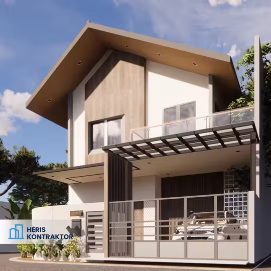 Sudut samping rumah minimalis modern dengan aksen kayu dan balkon kaca
