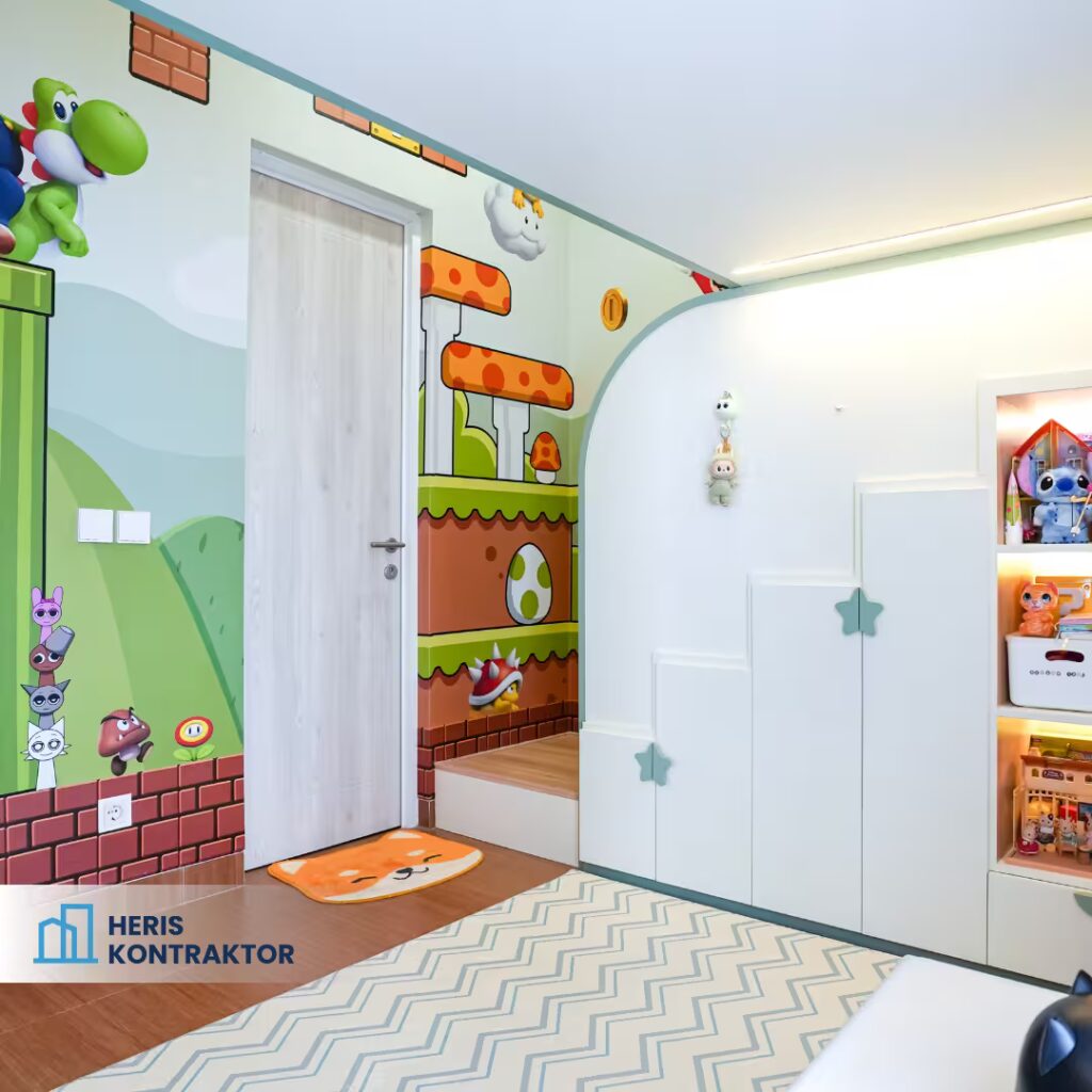 Kamar anak dengan wallpaper Super Mario, menampilkan karakter Yoshi dan elemen permainan khas.