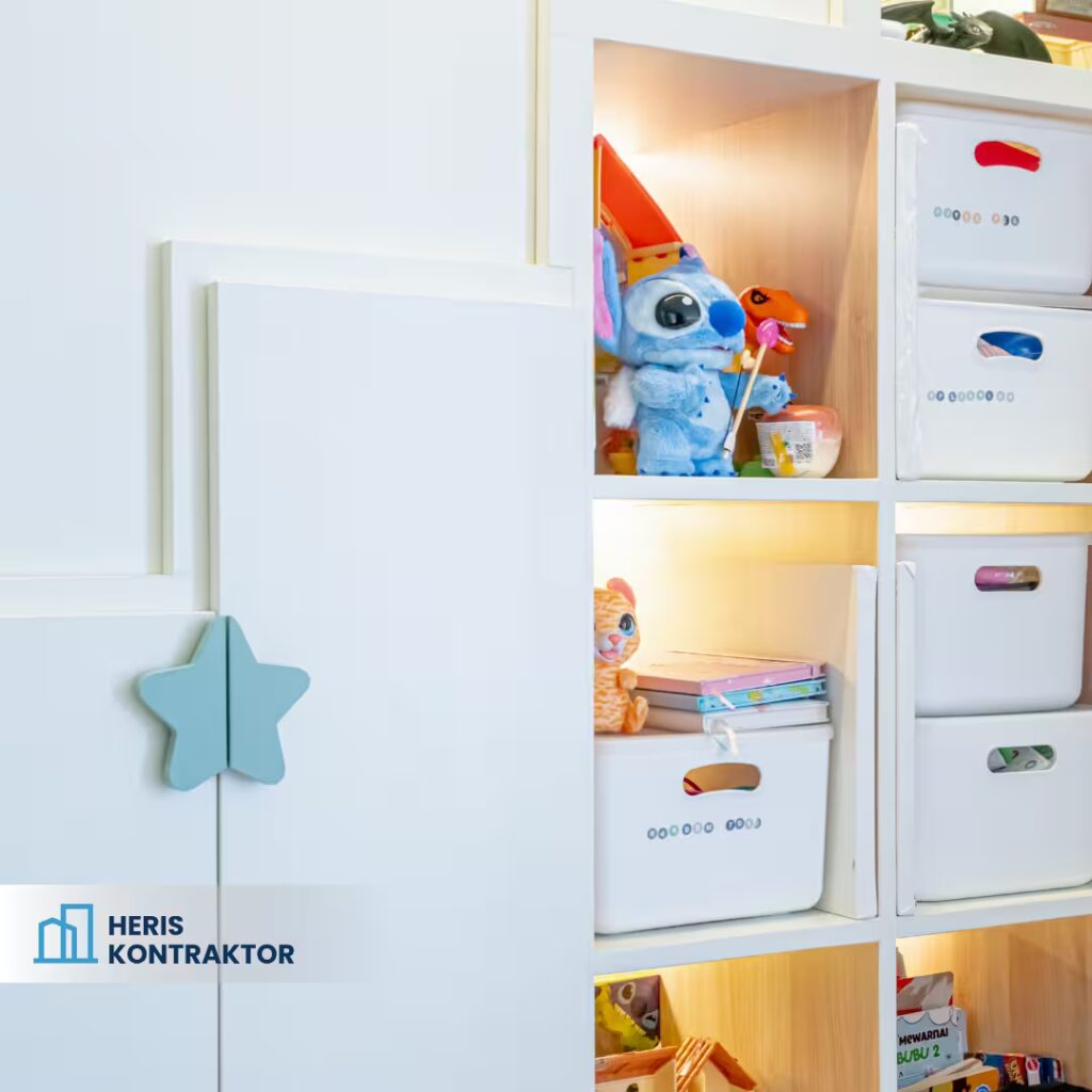Rak kamar anak dengan box penyimpanan putih dan mainan boneka karakter seperti Stitch dan dinosaurus.