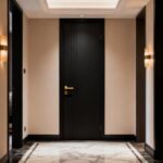 Desain pintu kamar mewah warna hitam matte dengan lis vertikal dan handle emas di koridor modern.