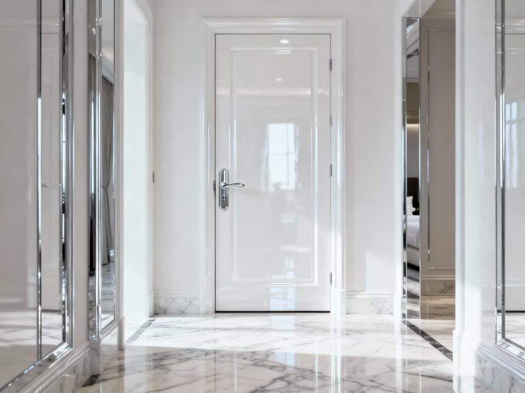 17 Desain Pintu Kamar Tidur Mewah untuk Rumah Mewah 29 12. Pintu Duco Putih Glossy dengan Aksen Chrome
