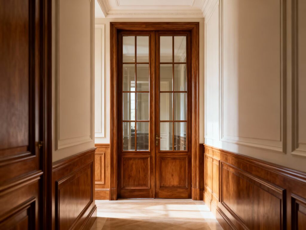17 Desain Pintu Kamar Tidur Mewah untuk Rumah Mewah 31 14. Pintu French Door Kayu dengan Kaca Frame Grid