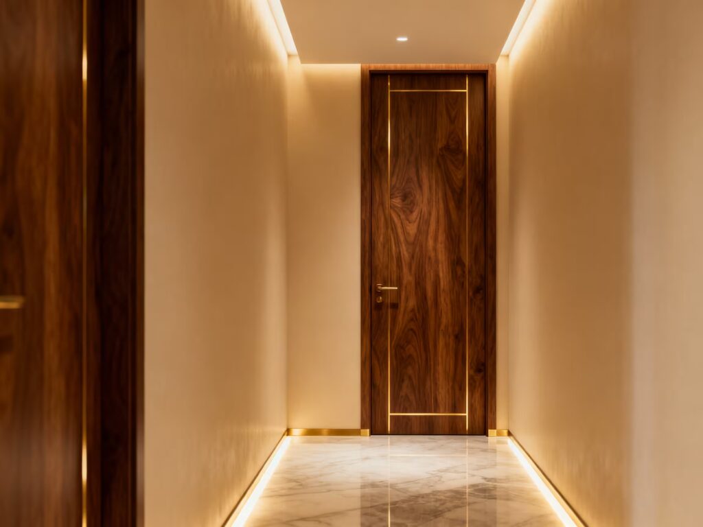 17 Desain Pintu Kamar Tidur Mewah untuk Rumah Mewah 19 2. Pintu Walnut dengan Detail Garis Gold
