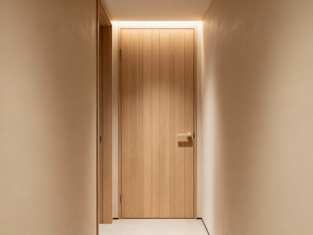 17 Desain Pintu Kamar Tidur Mewah untuk Rumah Mewah 21 4. Pintu Kayu Terang Minimalis dengan Hidden Lighting