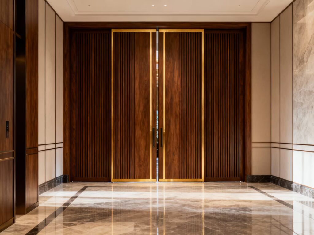 17 Desain Pintu Kamar Tidur Mewah untuk Rumah Mewah 22 5. Pintu Sliding Kayu Vertical Slats dengan Aksen Gold
