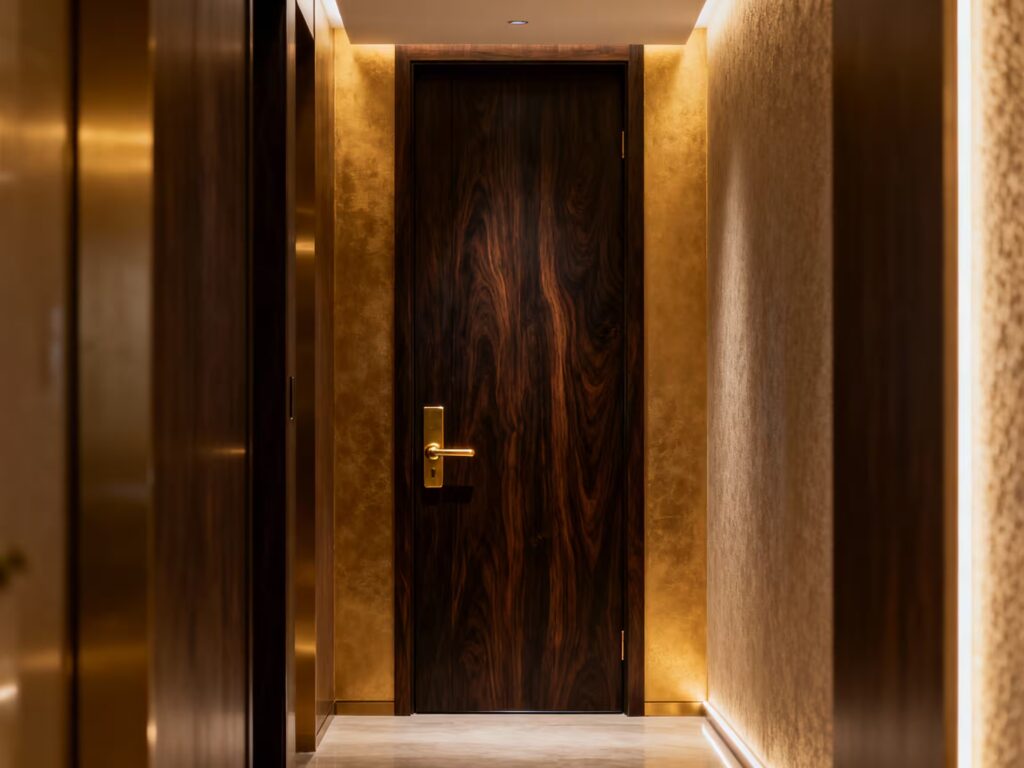 17 Desain Pintu Kamar Tidur Mewah untuk Rumah Mewah 23 6. Pintu Kayu Dark Vein dengan Warm Lighting