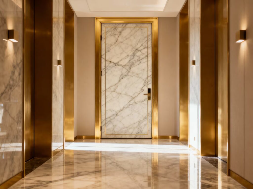 17 Desain Pintu Kamar Tidur Mewah untuk Rumah Mewah 24 7. Pintu Marble White dengan Frame Gold
