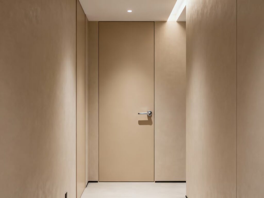 17 Desain Pintu Kamar Tidur Mewah untuk Rumah Mewah 25 8. Pintu Cream Minimalis Flush dengan Handle Chrome